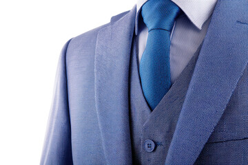 Close up of a man s formal blue suit with tie and vest isolated on transparent background. Elegant blue suit with patterned tie and vest isolated on white background.