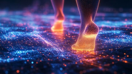 A glowing futuristic visualization of human feet walking on a digital surface with sparkling neon particles, symbolizing technology, innovation, digital networks, and the blending of science and art.