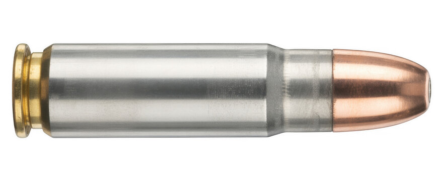 Silver bullet with copper tip and brass base ammunition isolated on a transparent background