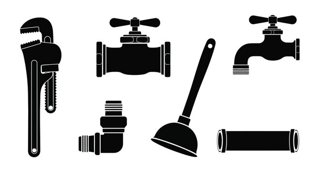 Plumbing repair tools with pipe wrench plunger and faucet vector set