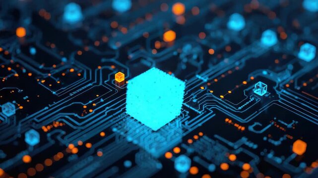 Glowing blue cube circuit board with orange nodes conveying futuristic digital network energy motion