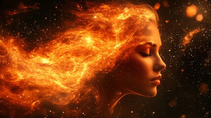 A surreal artistic portrait of a woman with eyes closed and glowing fire-like hair flowing behind her in dark background, symbolizing imagination, energy, creativity, and surreal fiery fantasy.