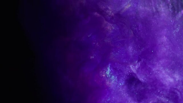 Ink swirl. Glitter flow. Purple violet color explosion shimmering fluid cloud mix. Mystic dark blur abstract liquid neon rainbow light background.