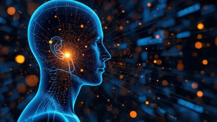 Digital human profile glowing neural network and data streams futuristic human head curiosity - Powered by Adobe