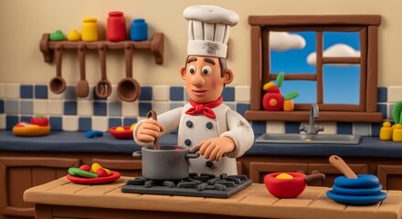 Cartoon chef cooking in kitchen with pot on stove surrounded by food and utensils smiling