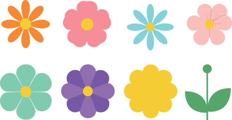 Obraz premium Cute simple flower icon set with colorful floral shapes for spring decoration, kids design, stickers, invitations, and flat vector illustrations