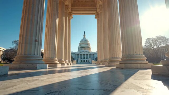 Marble colonnade framing domed government building with sunlight shadows on polished stone floor