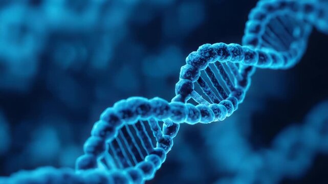 Blue DNA double helix strand closeup glowing molecular structure and genetic biology molecule