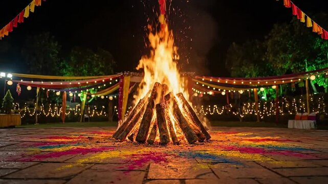 A dramatic night shot of the fiery orange holika dahan bonfire burning brightly, celebrating holi on a decorated ground.