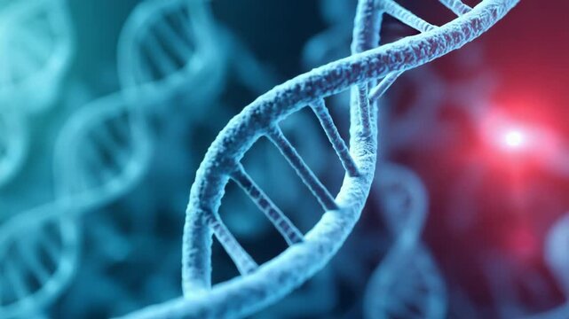 DNA double helix molecule strand glowing blue and red molecular genetic biology visualization