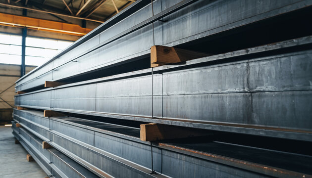 Stacked Structural Steel Beams in Industrial Warehouse
