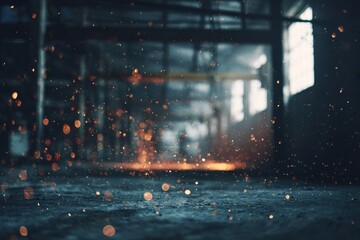 Light shines through a dark factory as sparks fly from a metalworking process in the background during evening hours