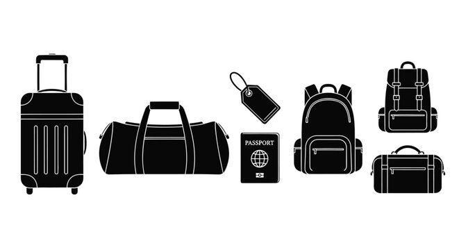 Travel luggage and vacation accessories vector silhouette set