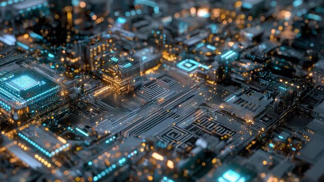 Glowing futuristic circuit board with microchip, electronic trace and printed circuit details motherboard processor and semiconductor closeup with capacitor, resistor and transistor&mdash;blue and amber