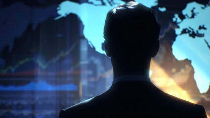 Silhouette businessman watching world map and financial chart overlay futuristic trading room with stock market data visualization and global finance technology back view, contemplative strategic - Powered by Adobe