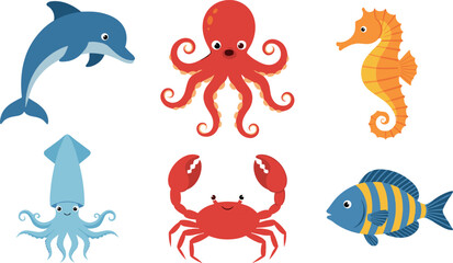 Cute sea animal character set with dolphin octopus seahorse crab fish and squid for kids illustrations, ocean themes, and playful flat vector design © Mostafijur