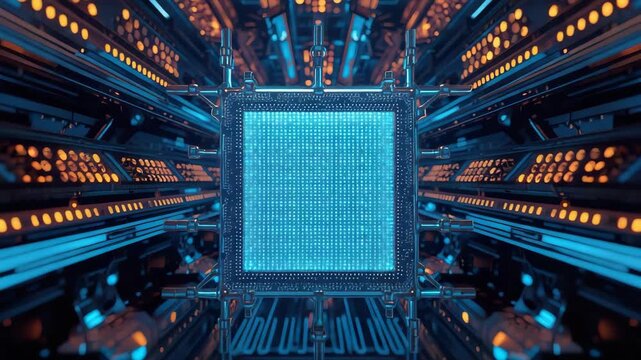Blue illuminated microchip center with glowing circuit pathways and central processor motherboard