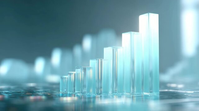 Glass column and bar chart rising on reflective surface in soft blue and teal light conveying growth, technology, data analytics and finance optimism