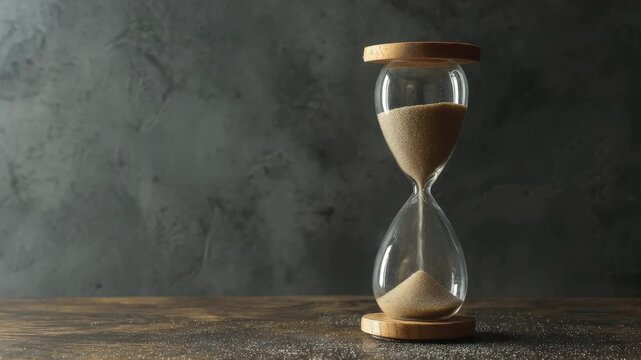 Hourglass sand timer hourglass sand timer hourglass sand time countdown vintage glass wooden base passing time concept still life minimal dark background texture sand grain reflection silence