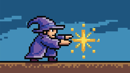 Obraz premium Pixelated wizard character in a vibrant purple robe casting a bright magical shining star spell against a deep blue background sky