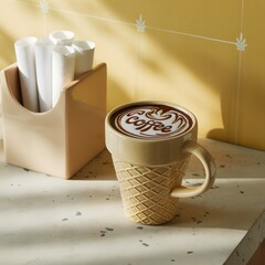 Unique Ice Cream Cone Ceramic Mug On Textured Countertop With Yellow Background