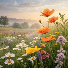 Vibrant Watercolor Painting Of Lush Meadow Filled With Colorful Wildflowers