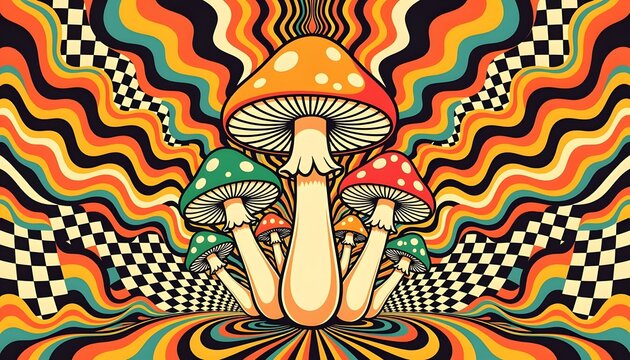 psychedelic, magic mushrooms, mushroom illustration, trippy art, surreal illustration, fantasy art, retro style, psychedelic art, colorful mushrooms, abstract background, hallucinogenic, vibrant color