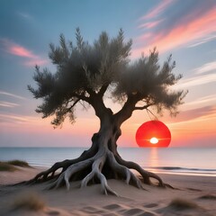Ancient Olive Tree On Sandy Beach Against Fiery Red Sunset Ocean