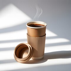 Brown Paper Coffee Cup Mockup With Cardboard Sleeve And Open Lid