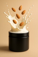 Dynamic Almond Milk Splash With Whole Almonds Suspended In Mid Air Refreshing Visual