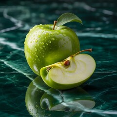 Glossy Green Apple With Water Droplets And Fresh Cut On Green Surface