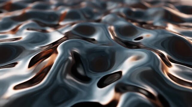 Abstract, seamless looping 3D animation of a dark, glossy, undulating liquid surface texture, resembling molten chrome or mercury with subtle bronze