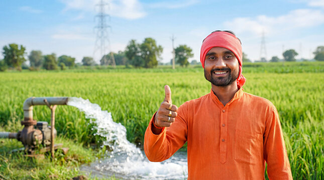 Smiling Farmer Shows Thumbs Up in Lush Green Field with Irrigation