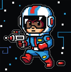 Adorable pixel art astronaut character in blue suit holding a retro futuristic ray gun ready for exciting 8 bit space adventure