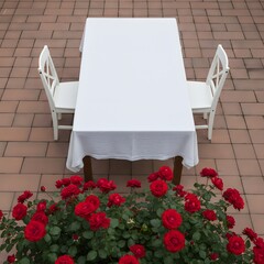Overhead View Of White Table And Chairs With Vibrant Red Roses Blooming