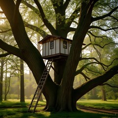 Rustic Wooden Treehouse Nestled In Large Tree Surrounded By Lush Green Foliage