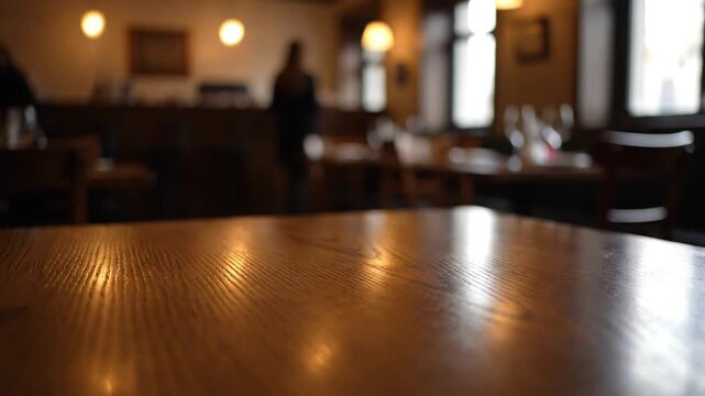 A cozy restaurant interior featuring a polished wooden table in the foreground, with a blurred figure standing in the background, creating a warm and inviting atmosphere for diners