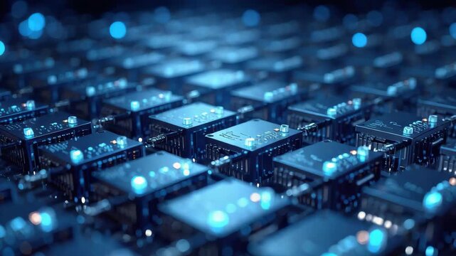 Blue circuit board grid glowing with bokeh lights and futuristic microchip modules electronics