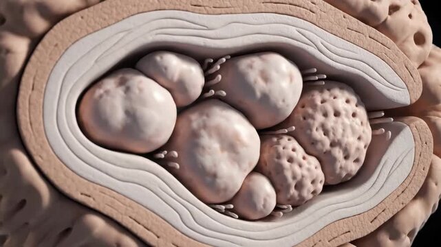 A realistic 3D render illustrating a cross-section of the human brain with various abnormal growths and intricate neural pathways.