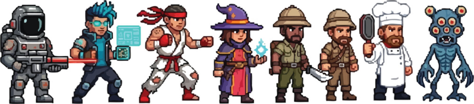Collection of diverse pixel art game sprites featuring an astronaut martial artist hacker wizard explorer chef and alien monster character assets