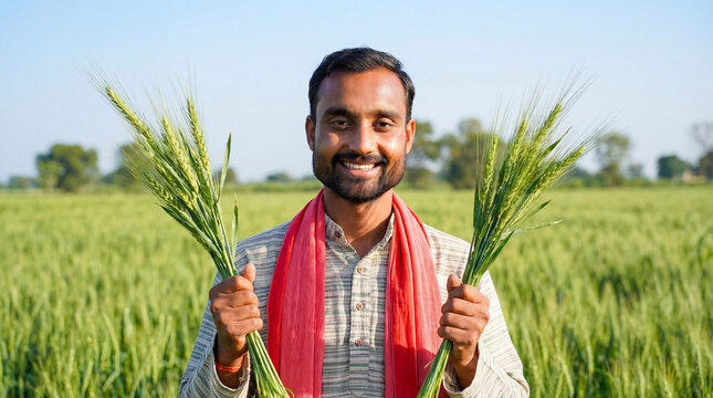 Smiling Indian Farmer Proudly Displays Wheat Harvest in Field