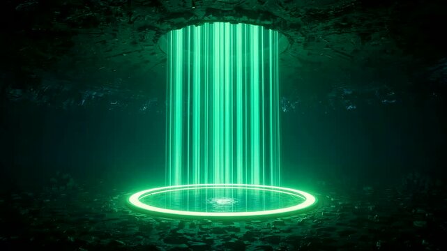 Vertical green light beams descending from circular opening into dark rocky cavern