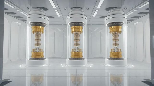 Three cylindrical glass chambers with golden internal structures in futuristic white hall