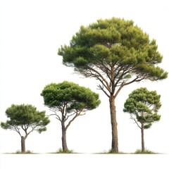 Fototapeta premium Set of four Pinus pinaster trees in varying sizes, isolated on a white background, showcasing distinct shapes and foliage characteristics