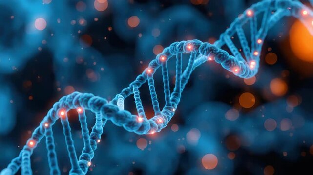 Blue DNA double helix strand glowing with nucleotide particles molecular genetic visualization dark