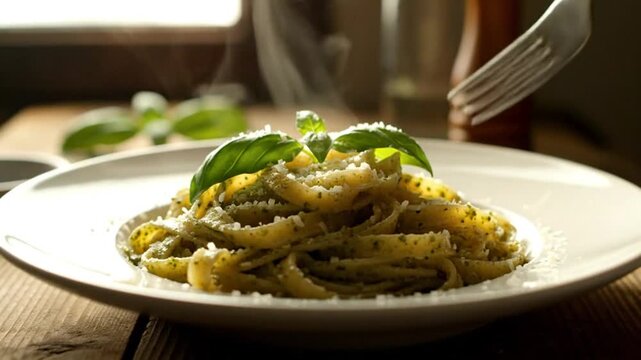 Delicious steaming pesto pasta dish with fresh basil leaves and parmesan cheese sprinkled on a white plate