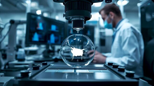 Laboratory technician operating microscope over glass sphere on precision workstation