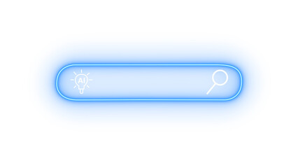 Blue neon AI search bar with glowing lightbulb and magnifying glass icons, representing artificial intelligence and innovation for digital solutions, isolated on transparent background