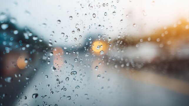 Close-up of condensation droplets on a car window with blurred city lights and a soft defrost pattern visible in the background