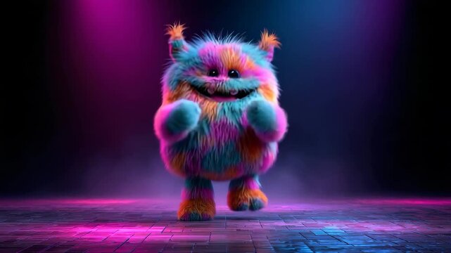 A colorful monster with fuzzy fur stands on a brick floor with a dark background and neon lights